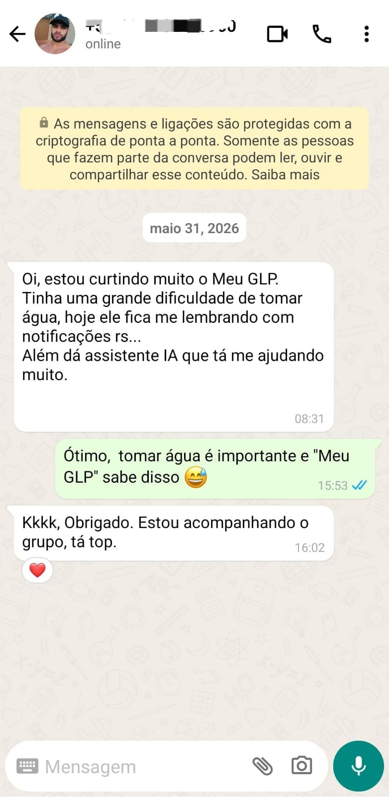“O app me lembra de beber água todos os dias.”