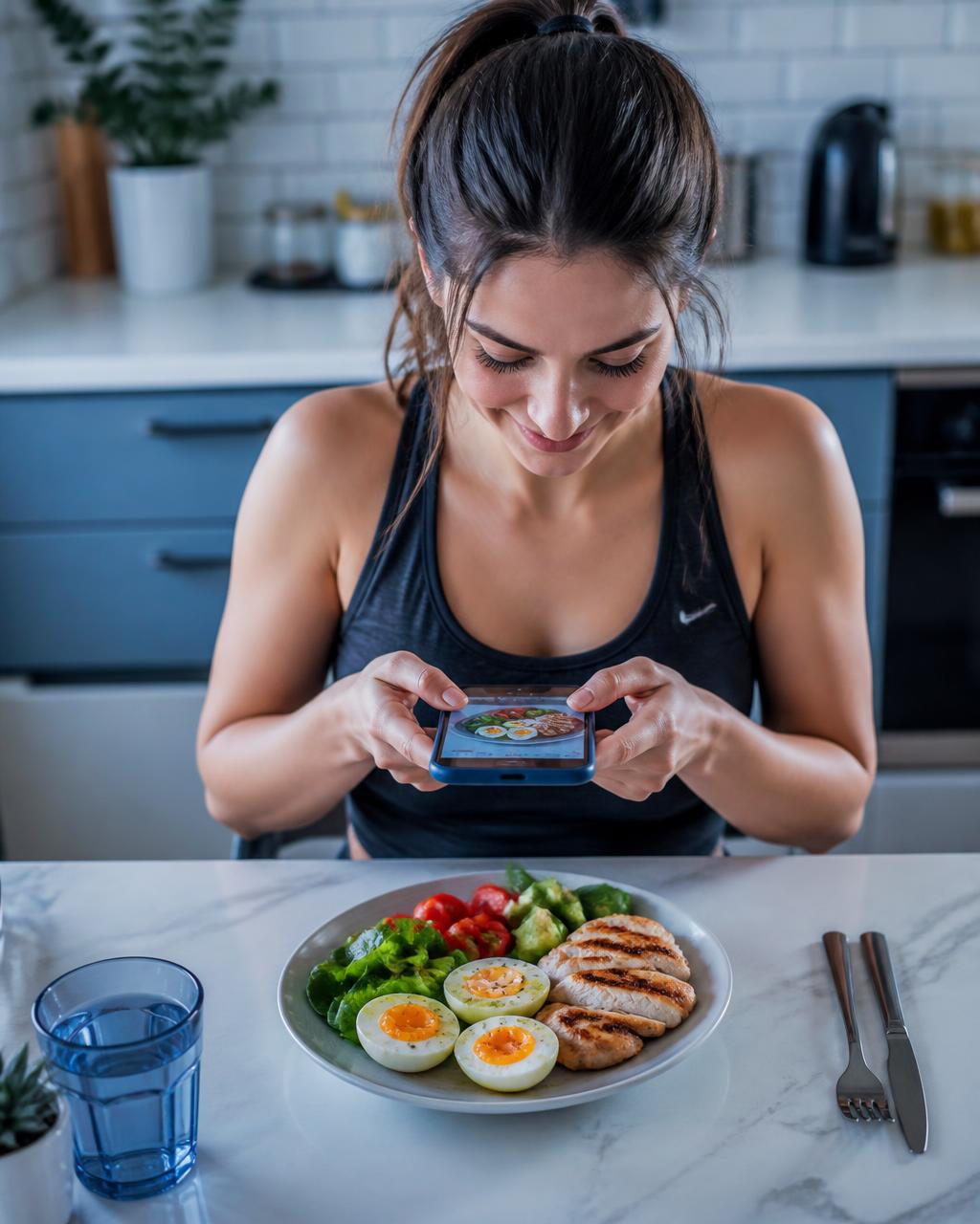 Mulher fotografando o prato de frango, ovos e salada com o celular para enviar ao Meu GLP