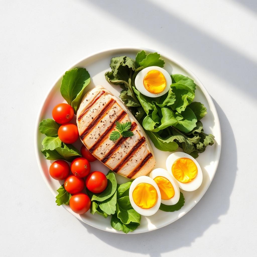 Prato com frango grelhado, ovos, tomates e folhas verdes sendo analisado pela IA